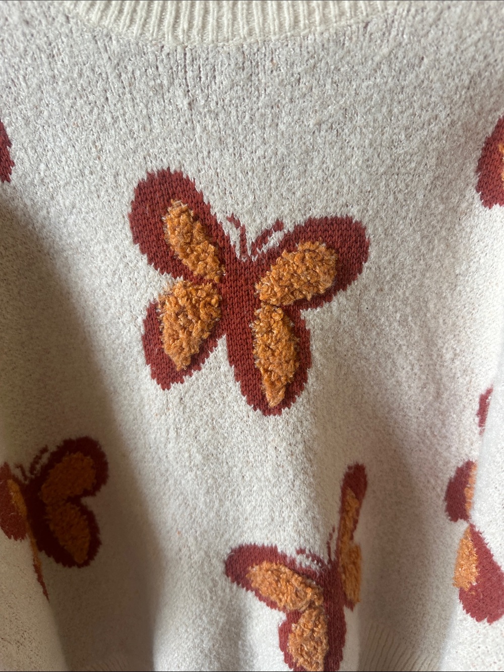 Cream Crewneck Sweater with Rust & Mustard Butterfly Motif - Picture 2 of 4